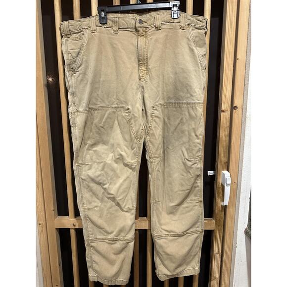 Carhartt Pants Mens 44 Tan Double Knee Canvas Workwear Relaxed Fit Stained - Picture 1 of 8